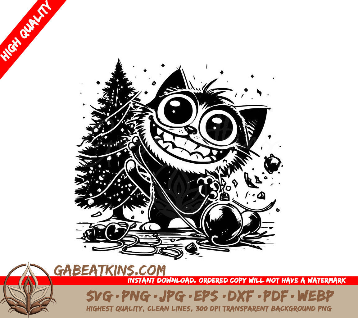 A Black And White Illustration Of A Cat Decorating A Christmas Tree SVG - Christmas Cat Mayham SVG