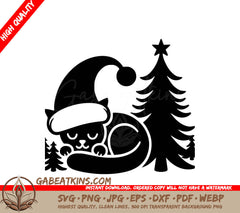A Cat Wearing A Santa Hat Next To A Christmas Tree SVG - Christmas Cat Nap SVG