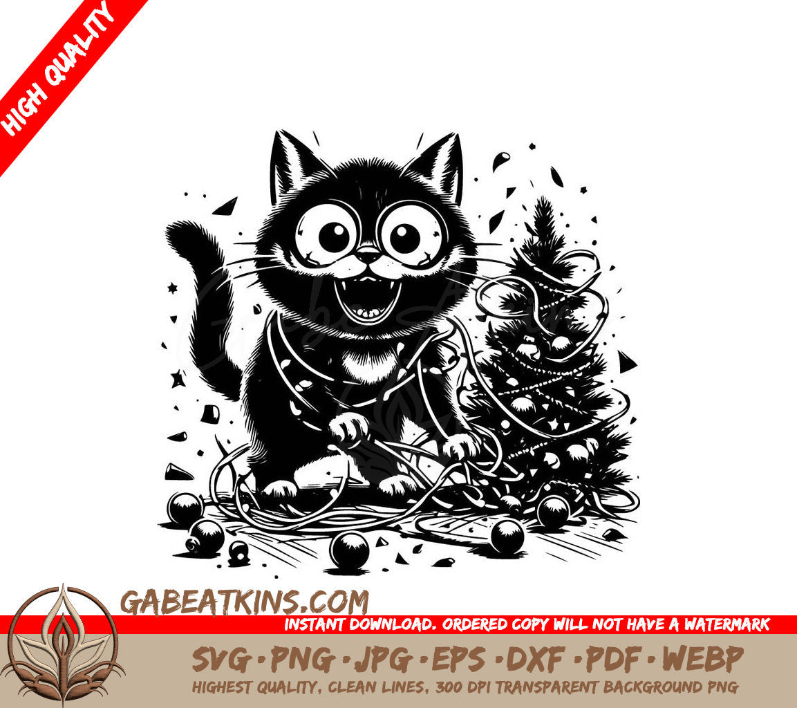 A Cat Playing With Christmas Lights SVG - Christmas Cat Scene SVG