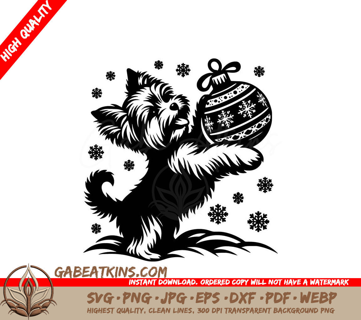 A Small Dog Holding A Christmas Ornament SVG - Christmas Pup Fun SVG