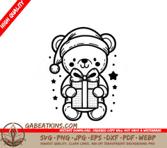A Teddy Bear Wearing A Santa Hat Holding A Gift Box SVG - Christmas Teddy Gift SVG