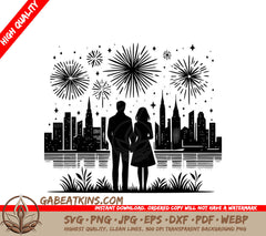 A Man And A Woman Are Watching Fireworks Over A City Skyline SVG - City Celebration SVG