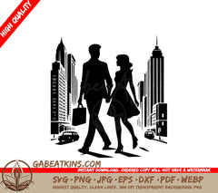 A Man And Woman Walking Down A City Street SVG - City Walkers SVG