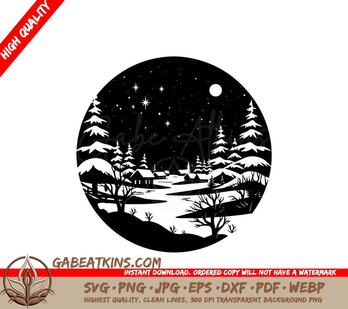 A Snowy Village At Night SVG - Cold December Night SVG
