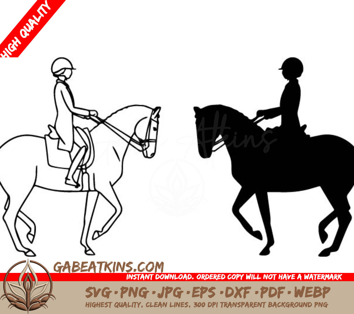 A Person Riding A Horse And A Silhouette Of A Person Riding A Horse . SVG - Collection of hand drawn dressage rider and horseVector illustrations in sketch doodle style SVG