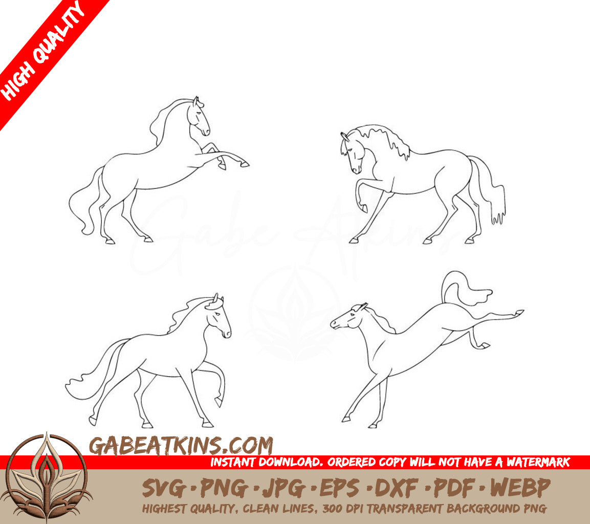 Four Black And White Drawings Of Horses On A White Background SVG - Coloring book set cute horses SVG