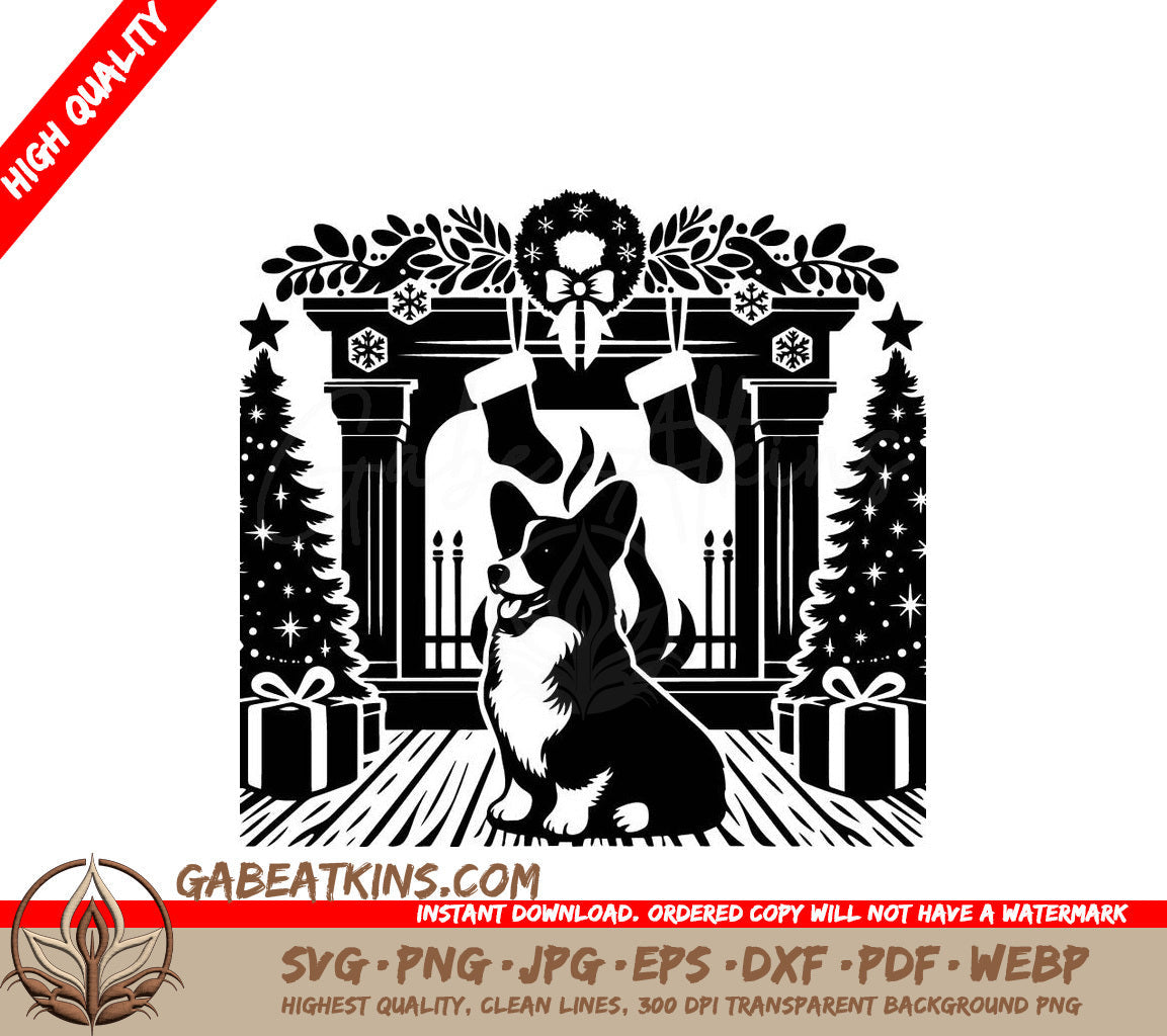 A Black And White Illustration Of A Dog Sitting In Front Of A Fireplace SVG - Corgi Christmas Coziness SVG