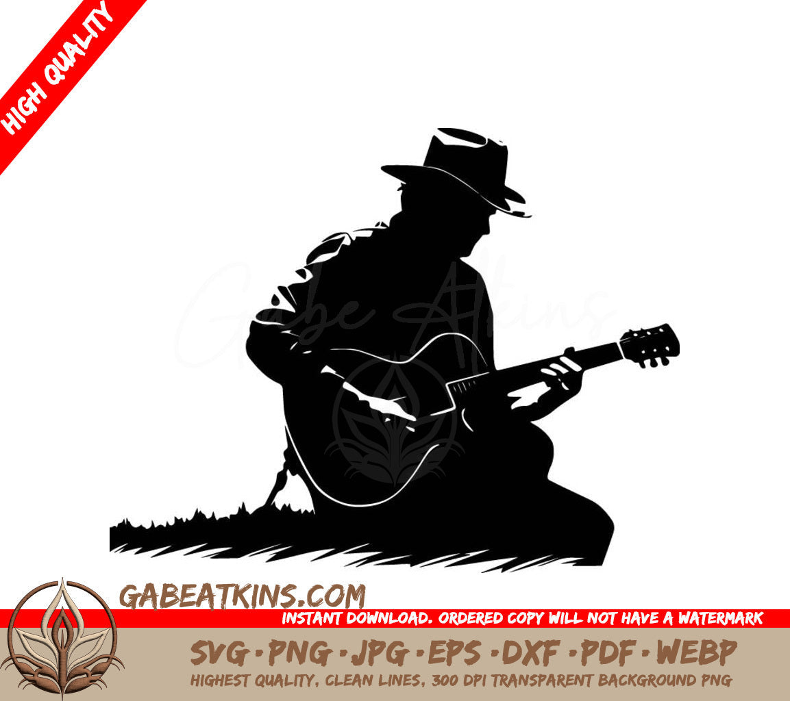 A Man In A Cowboy Hat Is Kneeling Down Playing An Acoustic Guitar SVG - Cowboy Musician SVG