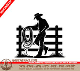 A Cowboy Leaning Against A Fence Holding A Lasso SVG - Cowboy on Fence SVG