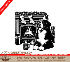 A Black And White Illustration Of A Dog Sitting In Front Of A Fireplace SVG - Cozy Fireplace Berner SVG