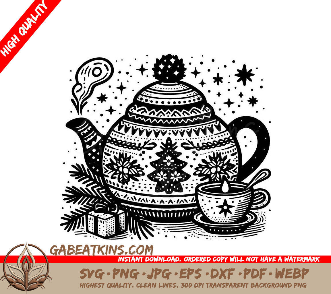 A Teapot With A Christmas Tree On It SVG - Cozy Teatime Cheer SVG