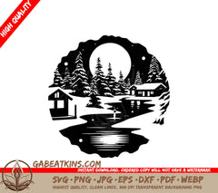 A Lake With A House In The Background SVG - Cozy Winter Wonderland SVG