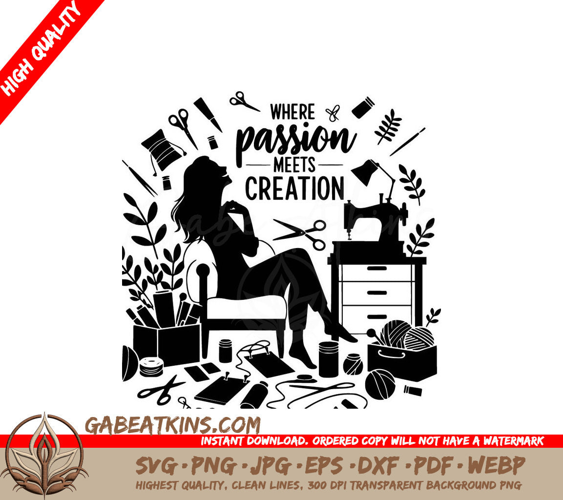 A Silhouette Of A Woman Sitting In A Chair With The Words Where Passion Meets Creation SVG - Crafting Sanctuary SVG