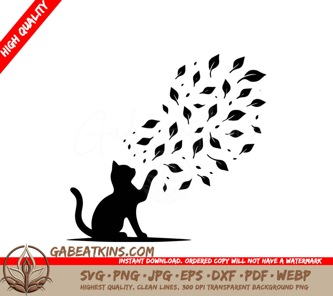 A Cat Playing With Leaves SVG - Curious Cat Watching Leaves SVG