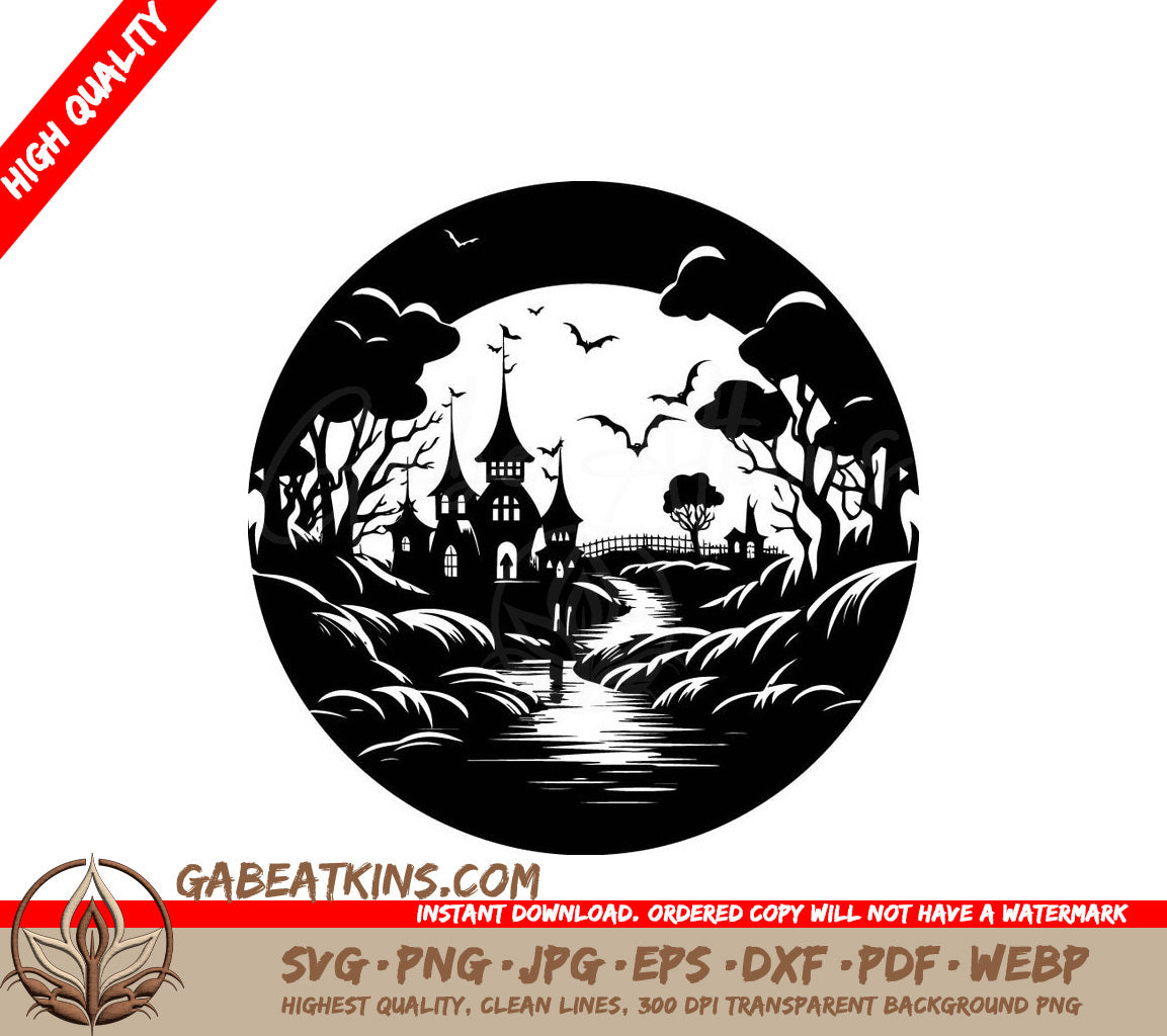 ## Halloween Castle SVG Drawing with Bats & Trees SVG