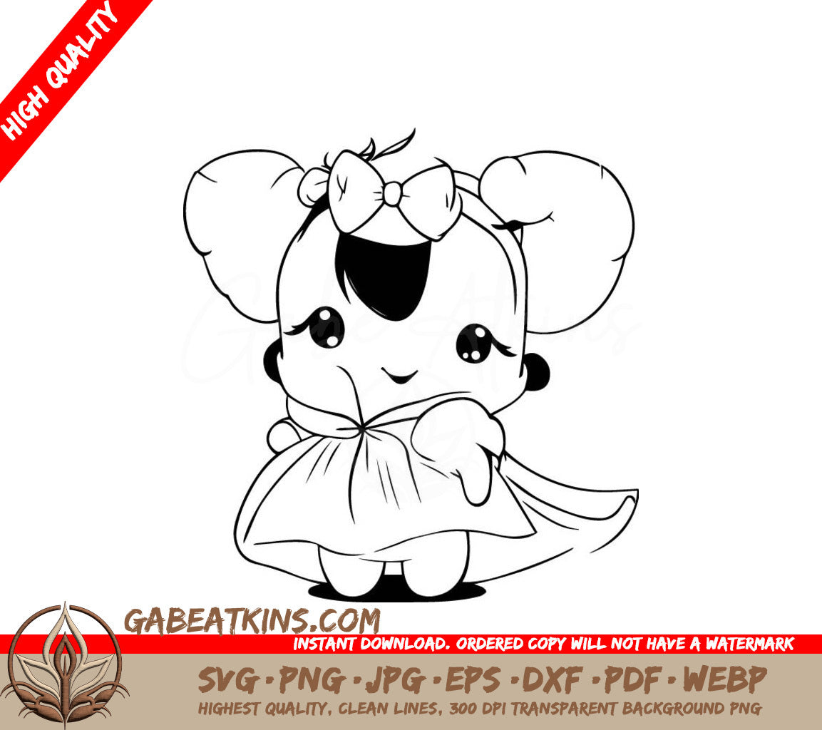 Cute Baby Elephant in Dress & Bow SVG - Girl Drawing SVG
