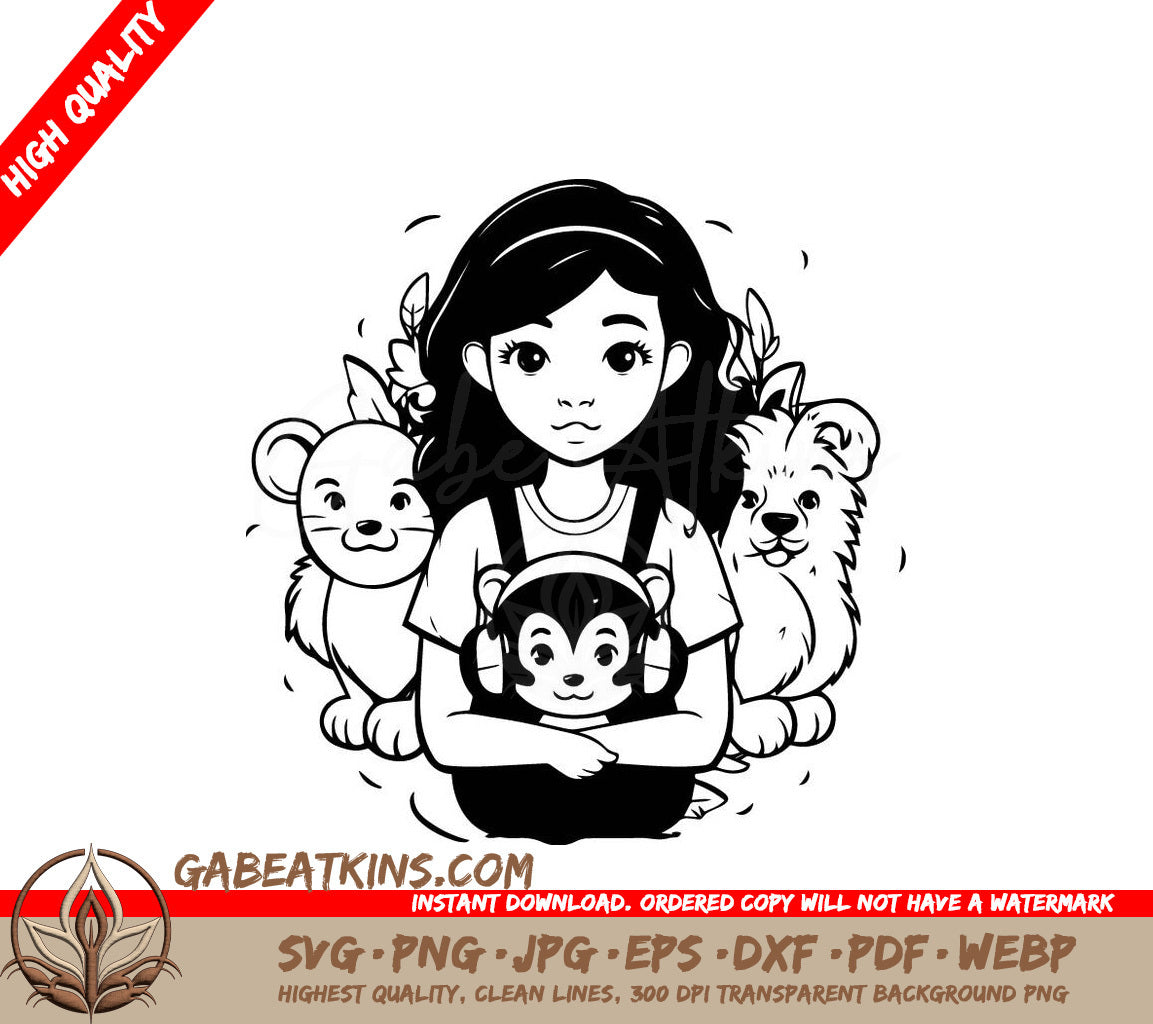 Cute Girl with Animals SVG - Cartoon Illustration SVG