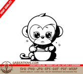 Cute Cartoon Monkey Holding Milk Bowl SVG - Drawing SVG