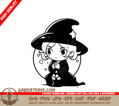 Cute Witch in Crystal Ball Halloween SVG -  Drawing SVG