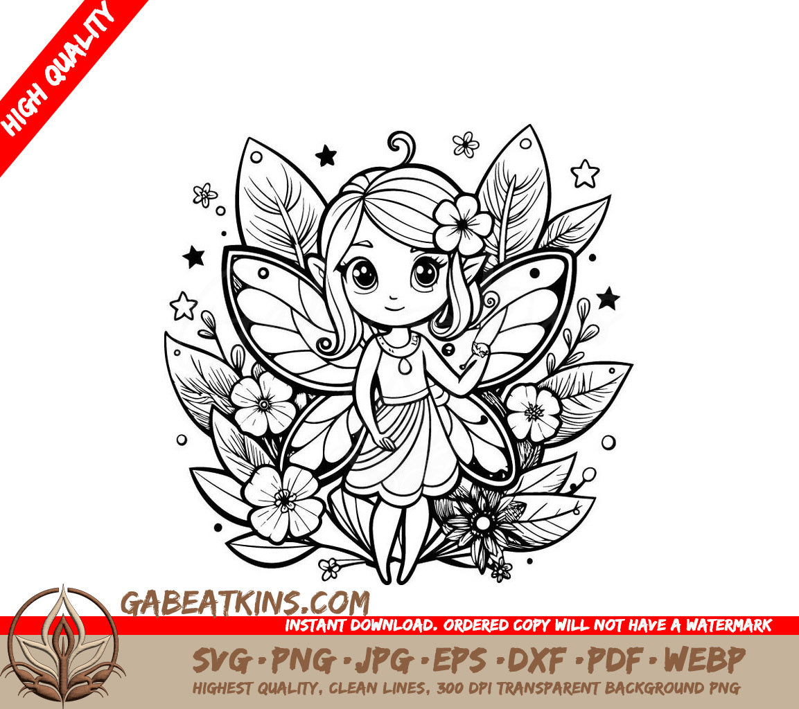 Fairy Coloring Page SVG - Cute Butterfly Wings & Flowers SVG