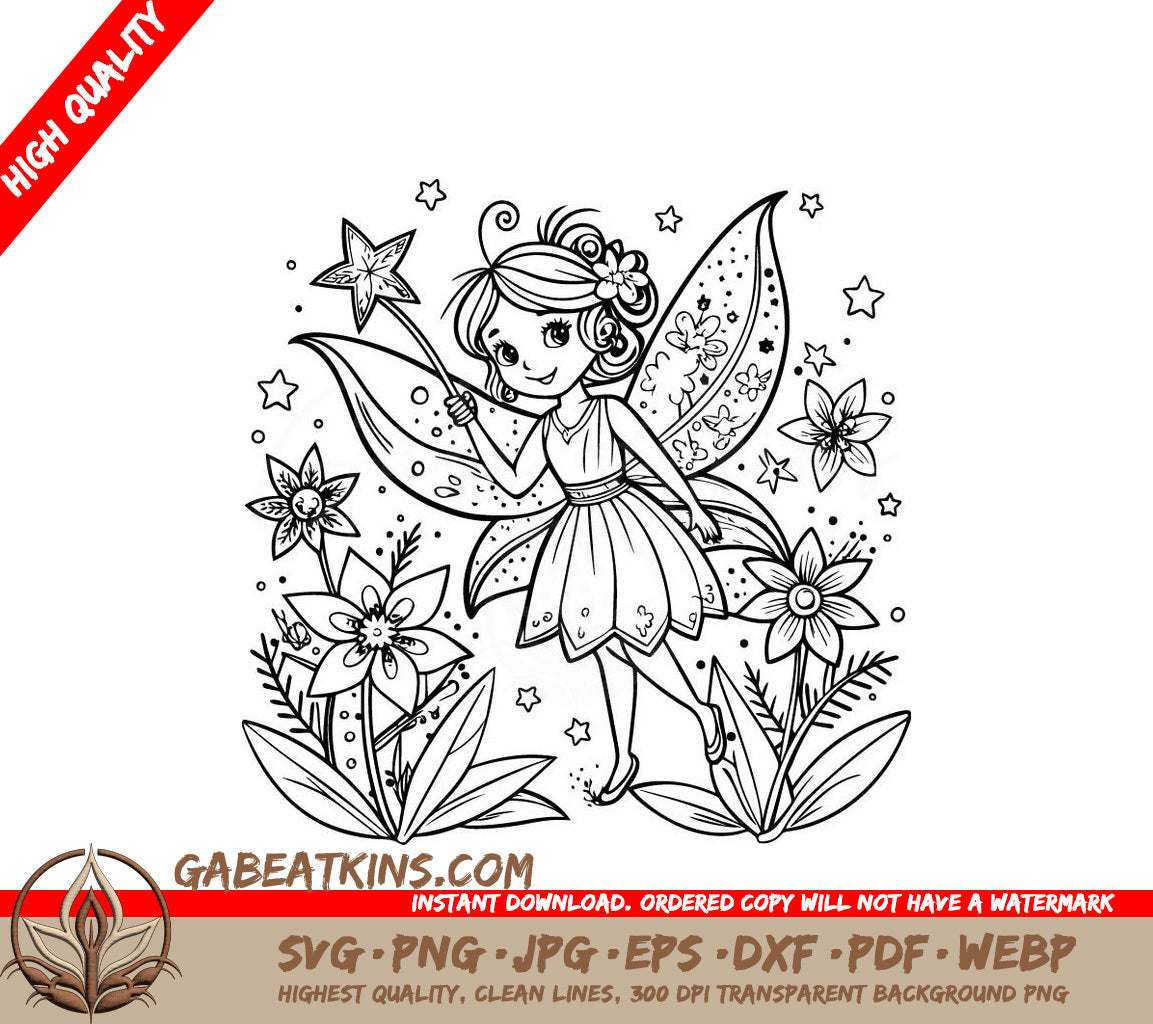 Fairy with Flowers SVG - Cute Winged Fairy with Star Wand SVG