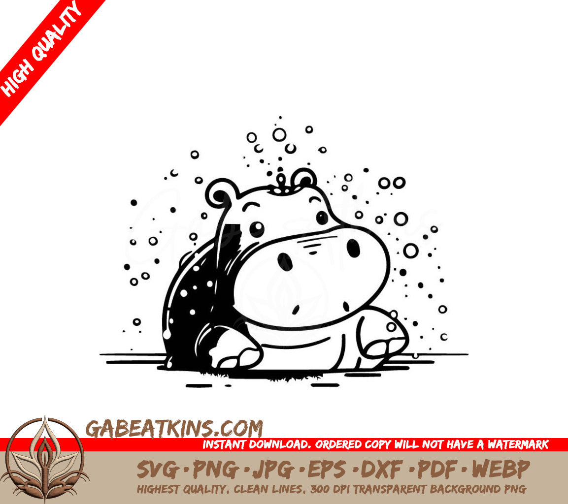 Cute Hippo Splashing in Puddle - Doodle SVG SVG