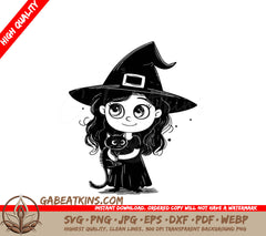 Cute Witch with Black Cat Halloween SVG - Drawing SVG