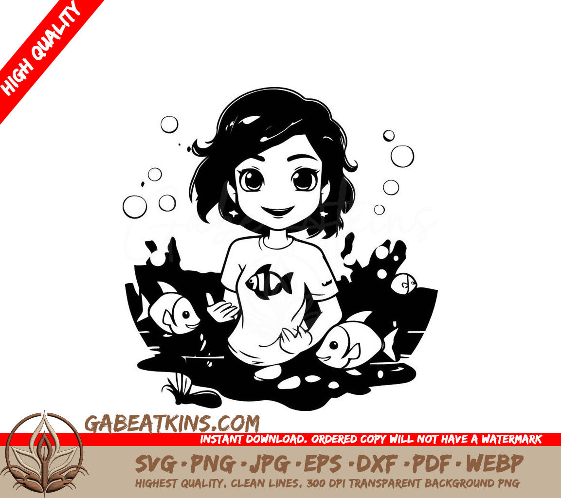 Cute Girl with Fish SVG - Aquarium Illustration SVG