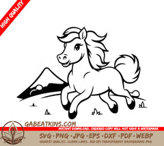 A Horse Running With Mountains In The Background SVG - Cute white pony running in the meadow Vector illustration SVG