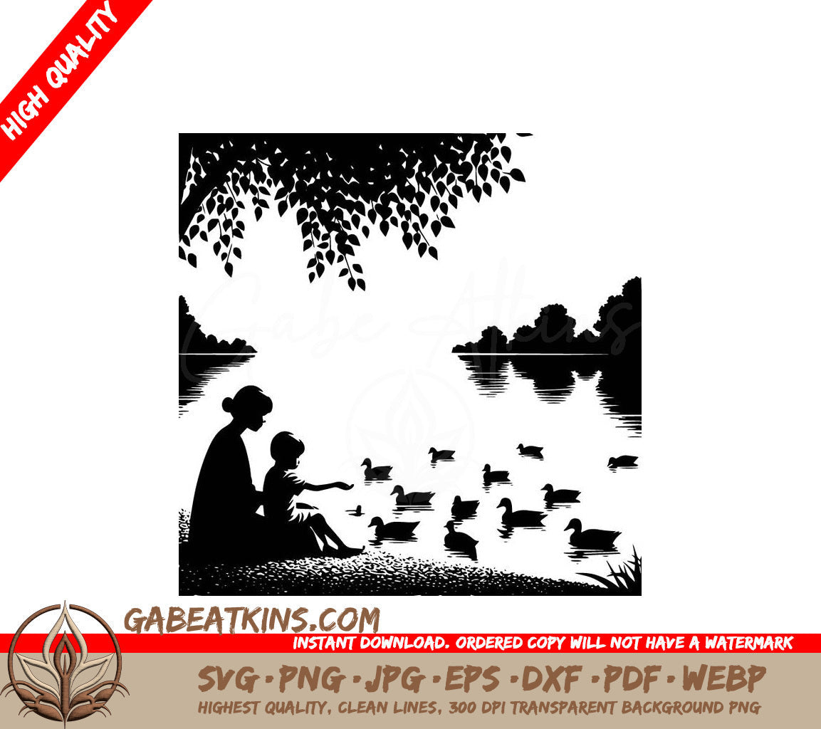 A Woman And Child Feeding Ducks SVG - Duck Feeding Moment SVG