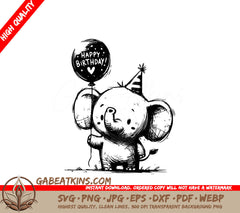 An Elephant Holding A Balloon That Says Happy Birthday SVG - Elephant Birthday Party SVG