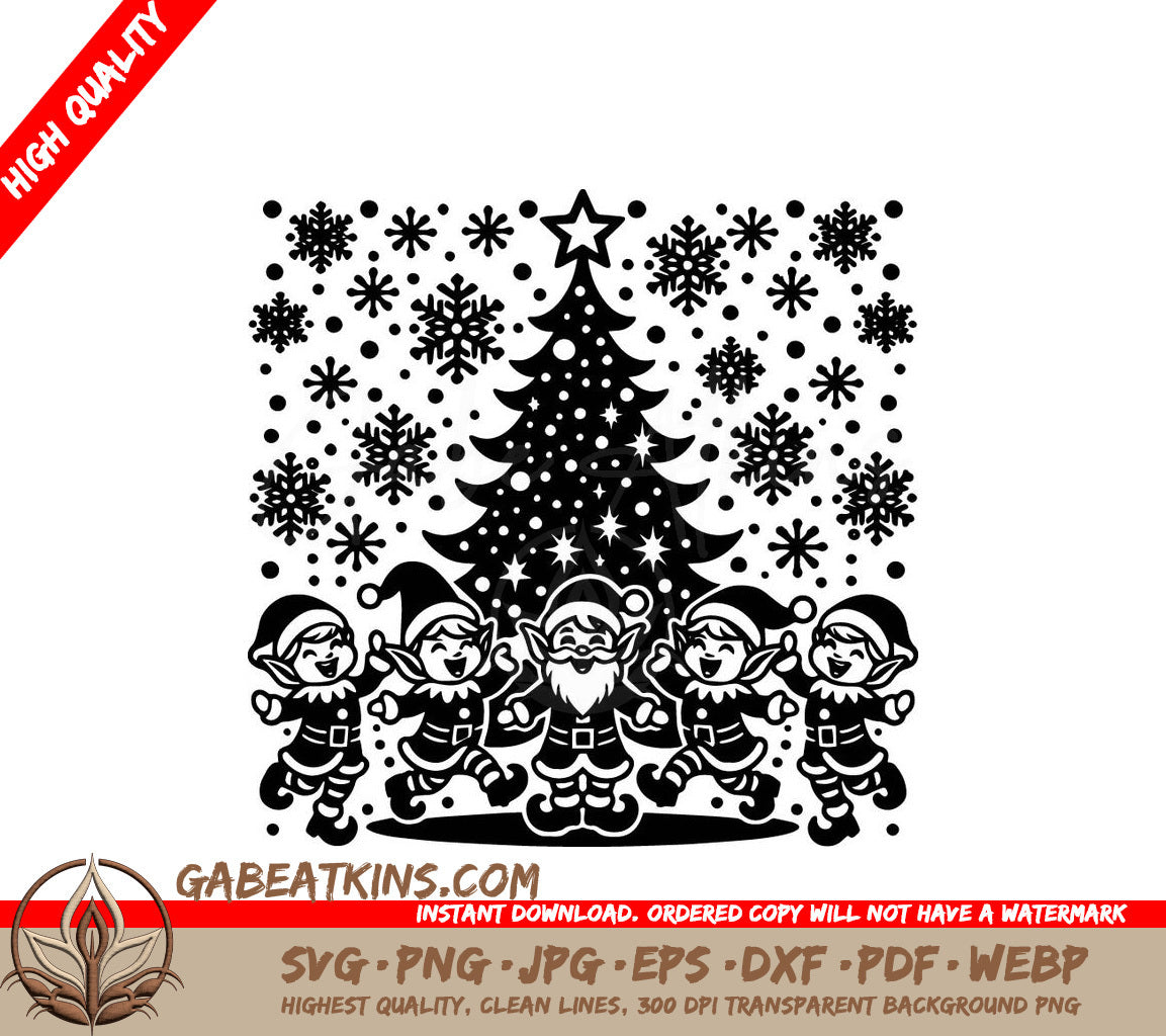 A Group Of Elves Are Dancing In Front Of A Christmas Tree SVG - Elf Christmas Joy SVG