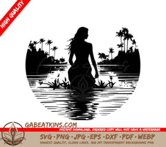 A Silhouette Of A Woman Standing In The Water With Palm Trees In The Background SVG - Enchanting Woman in Lake SVG