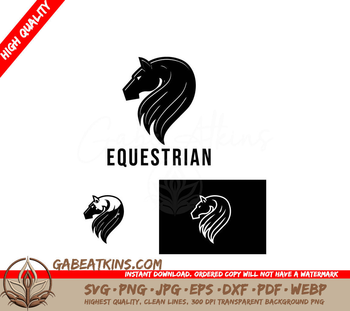 A Black And White Horse Head With The Word Equestrian Below It SVG - Equestrian Horse Race Beautiful Racehorse Long Hair Logo SVG