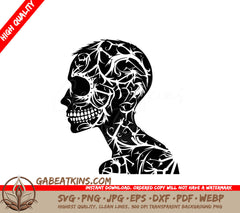 A Black And White Drawing Of A Skull With Thorns On It