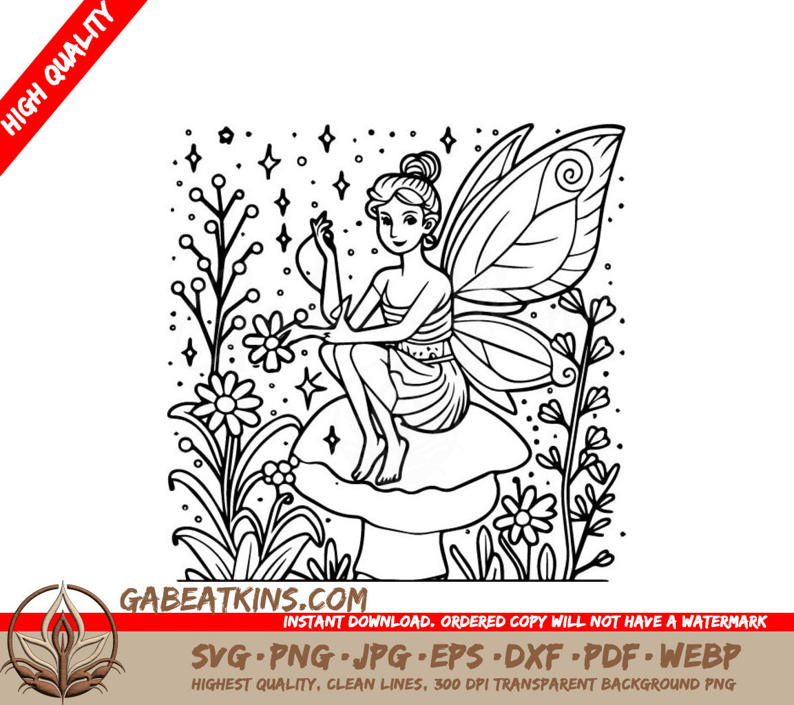 Fairy on Mushroom SVG Coloring Page SVG