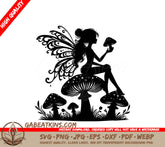 Fairy Sitting on Mushroom SVG Silhouette - White & Black Vector Design SVG