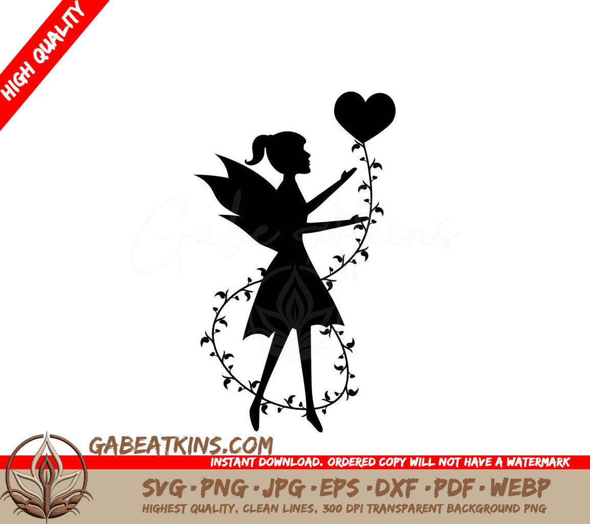 Fairy with Heart Balloon SVG Silhouette - Wings & Heart Design SVG
