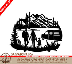 A Family Holding Hands With A Van In The Background SVG - Family Vacation SVG