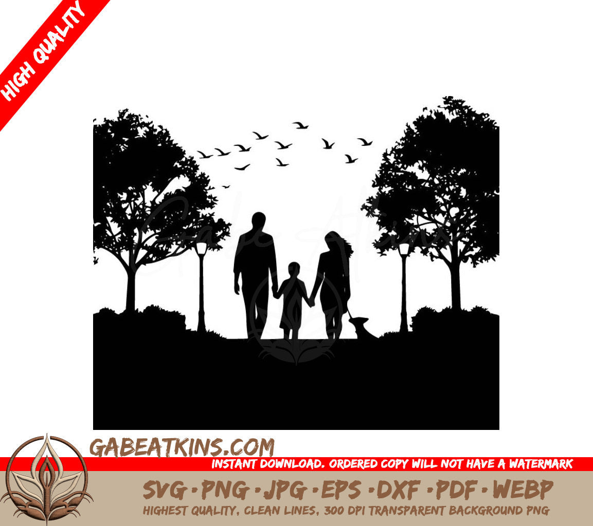 A Silhouette Of A Family Walking In A Park SVG - Family in Park SVG
