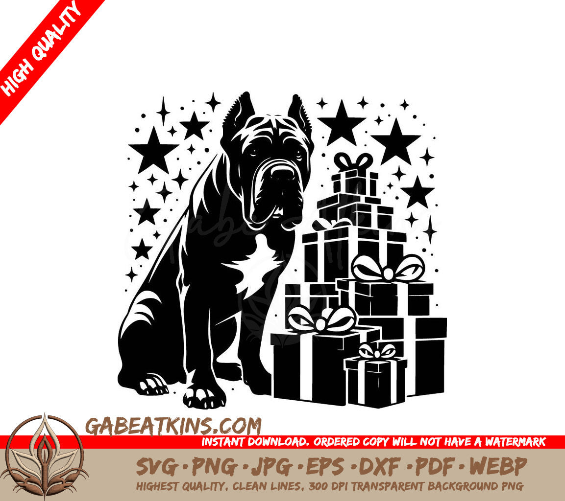 A Dog Sitting Next To A Pile Of Presents SVG - Festive Cane Corso SVG