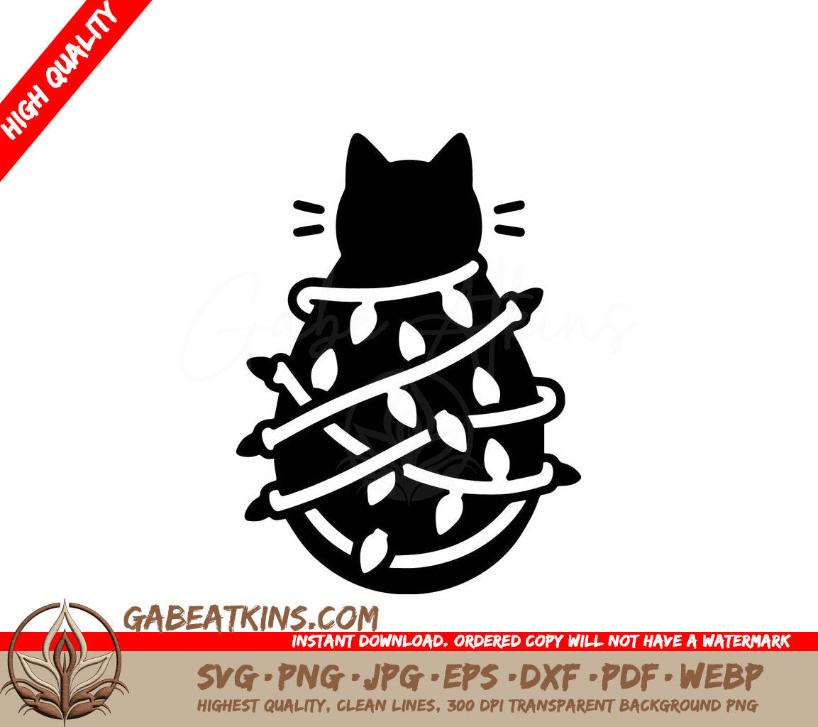 A Cat Wrapped In Christmas Lights SVG - Festive Feline Fumble SVG