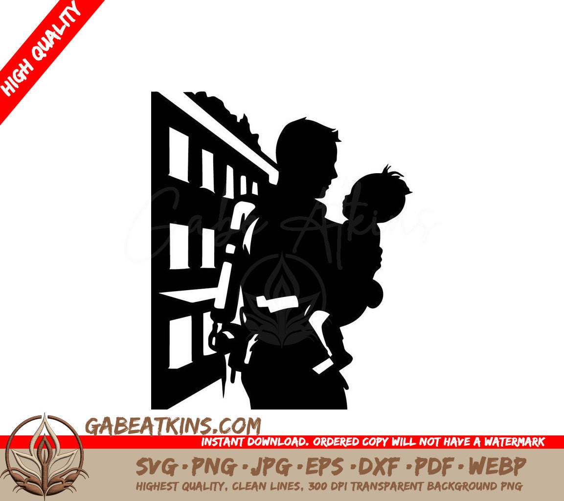 A Man Carrying A Baby SVG - Fireman Holding Young Child SVG