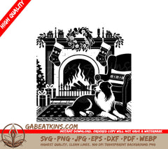 A Black And White Illustration Of A Dog Laying In Front Of A Fireplace SVG - Fireplace Australian Shepherd SVG