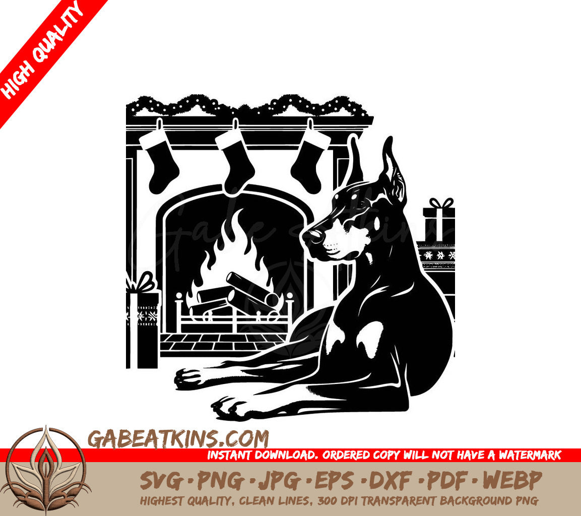 A Dog Laying In Front Of A Fireplace SVG - Fireplace Doberman SVG