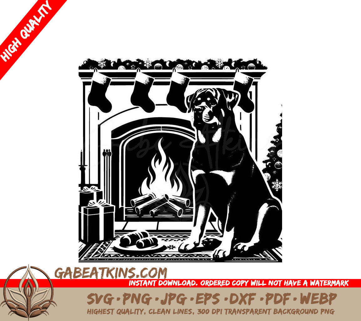 A Dog Sitting In Front Of A Fireplace SVG - Fireplace Rottweiler SVG