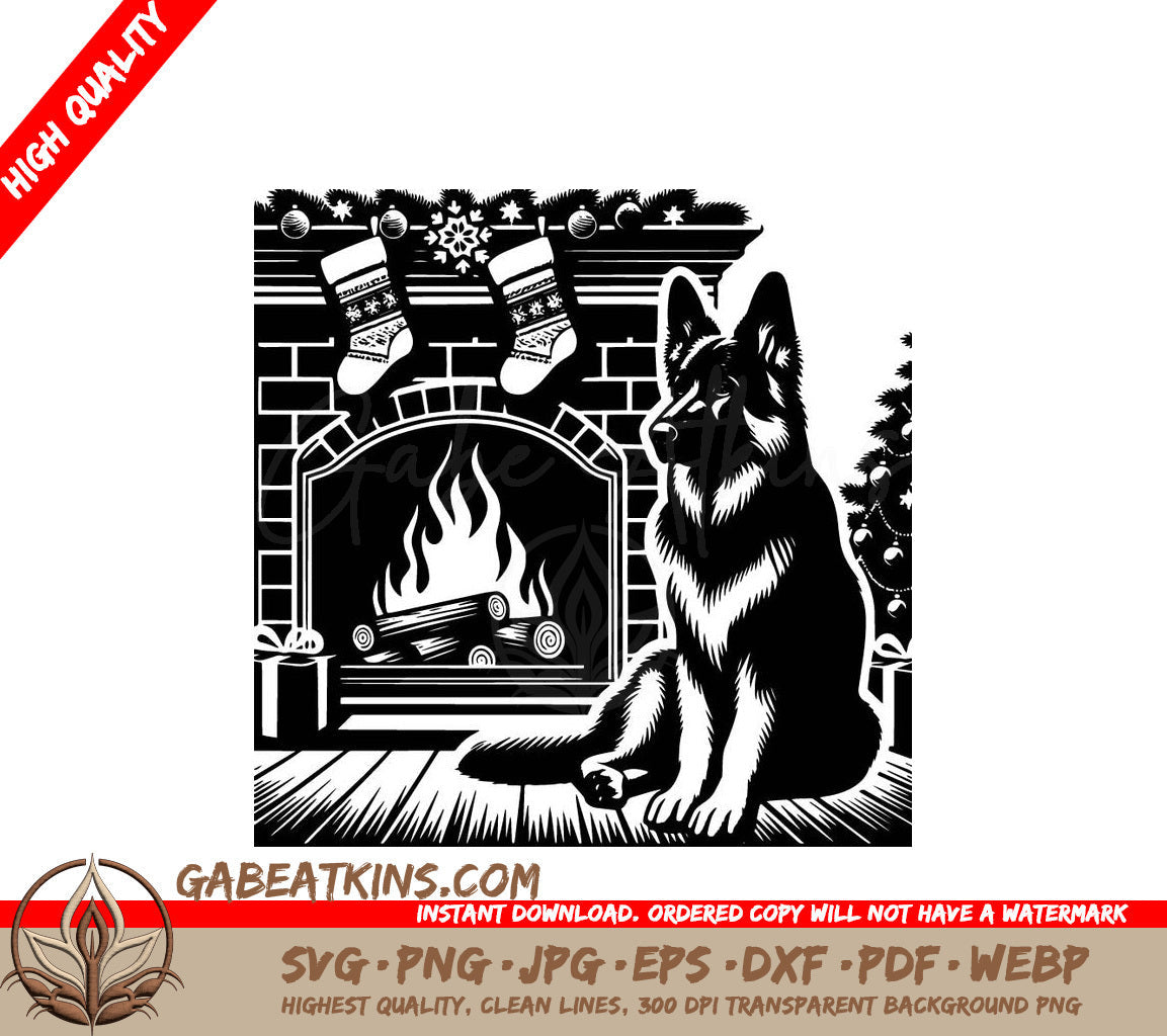 A German Shepherd Sitting In Front Of A Fireplace SVG - Fireplace Shepherd Watch SVG