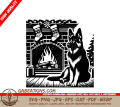 A German Shepherd Sitting In Front Of A Fireplace SVG - Fireplace Shepherd Watch SVG