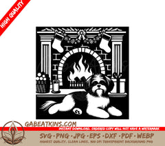 A Dog Laying In Front Of A Fireplace SVG - Fireplace Shih Tzu SVG