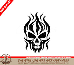 A Black And White Drawing Of A Skull With Flames Around It